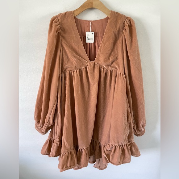 New FREE PEOPLE Estella Velvet Ruffled Mini Dress Babydoll Pink Rose S Coquette - Picture 3 of 12
